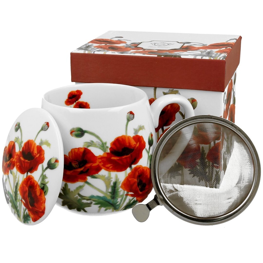 Porcelánový hrnek se sítkem a víkem Poppies 430 ml vícebarevný