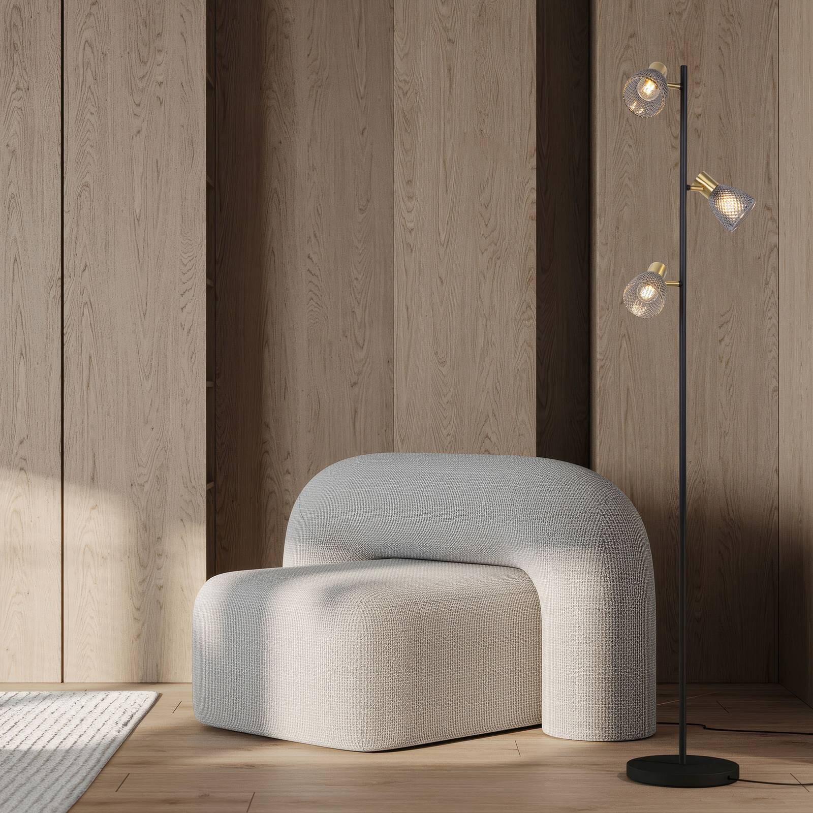 Stojacia lampa Lindita, 3-pl., sklo, železo, dymovo sivá, E14