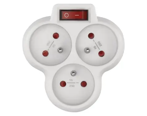 Rozbočovacia  zásuvka s vypínačom 3x orúhla, biela%