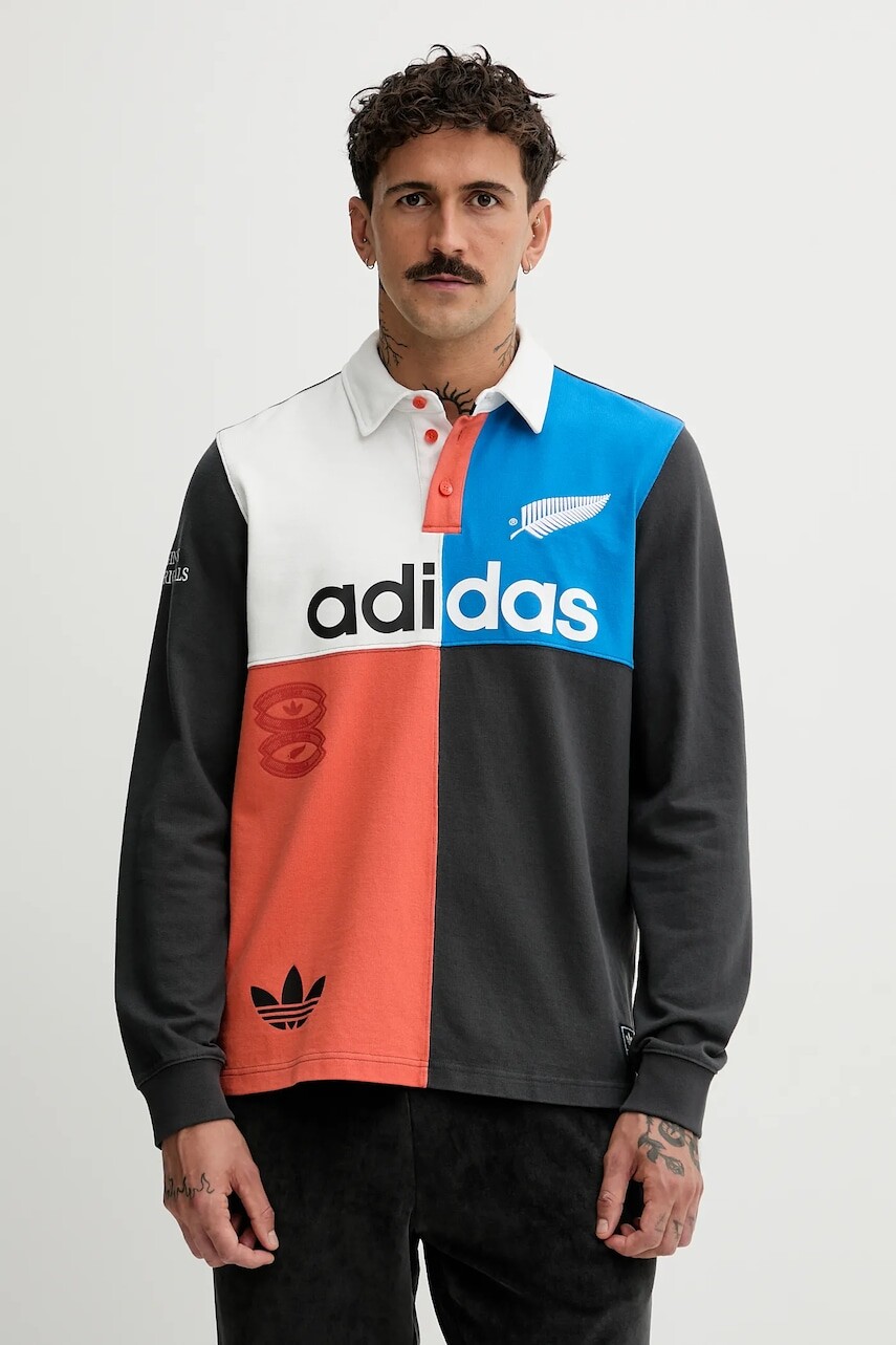 Bavlnené tričko s dlhým rukávom adidas Originals Rugby šedá farba, vzorované, KG4638
