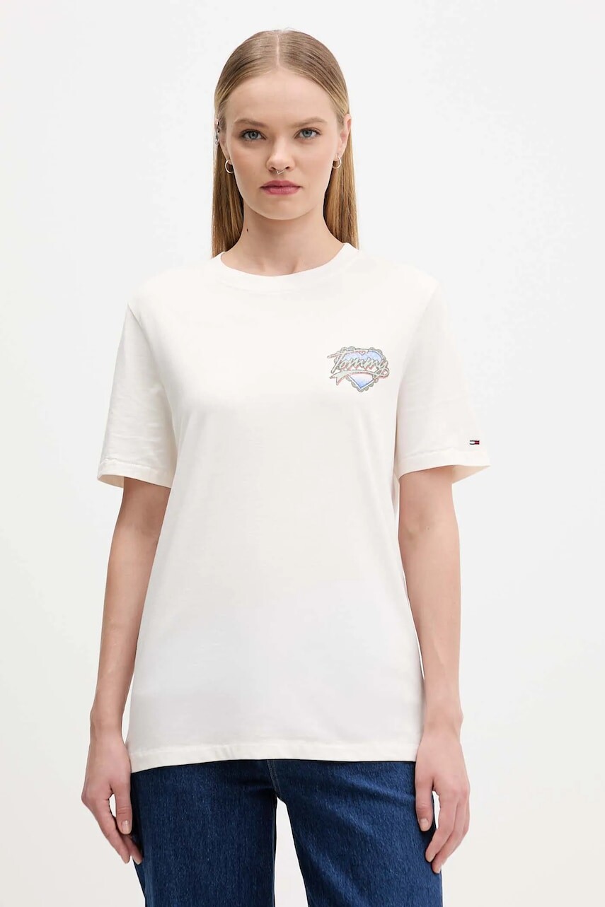 Bavlnené tričko Tommy Jeans dámske, béžová farba, DW0DW21524