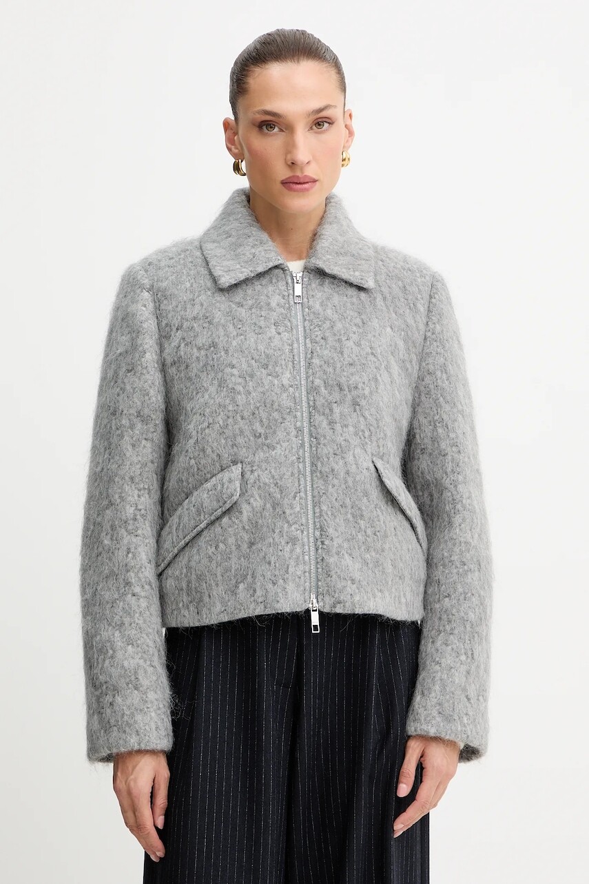 Kabát s prímesou vlny BOSS šedá farba, 50548767