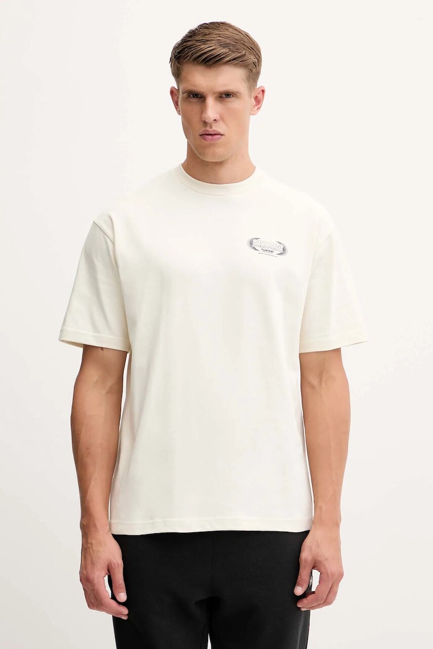 Bavlnené tričko Hummel pánske, béžová farba, s potlačou, 230029