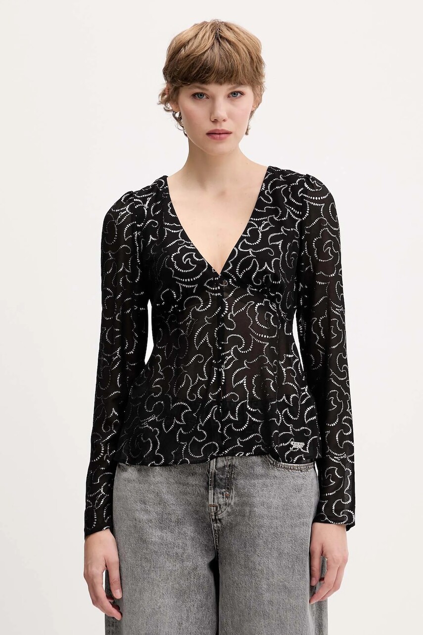 Blúzka Tommy Jeans čierna farba, vzorovaná, DW0DW21459