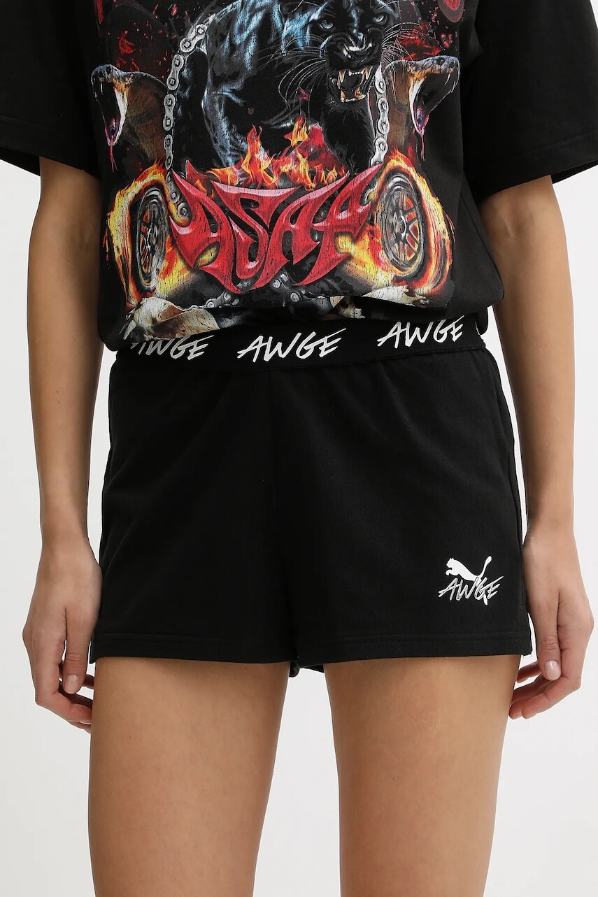 Bavlnené šortky PUMA x A$AP ROCKY dámske, čierna farba, s nášivkou, vysoký pás, 635071