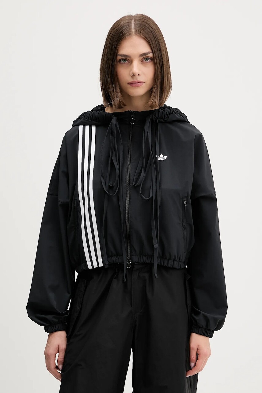 Mikina adidas Originals Ribbon Off Placed 3 Stripes Tracktop čierna farba, s kapucňou, s nášivkou, JX2698