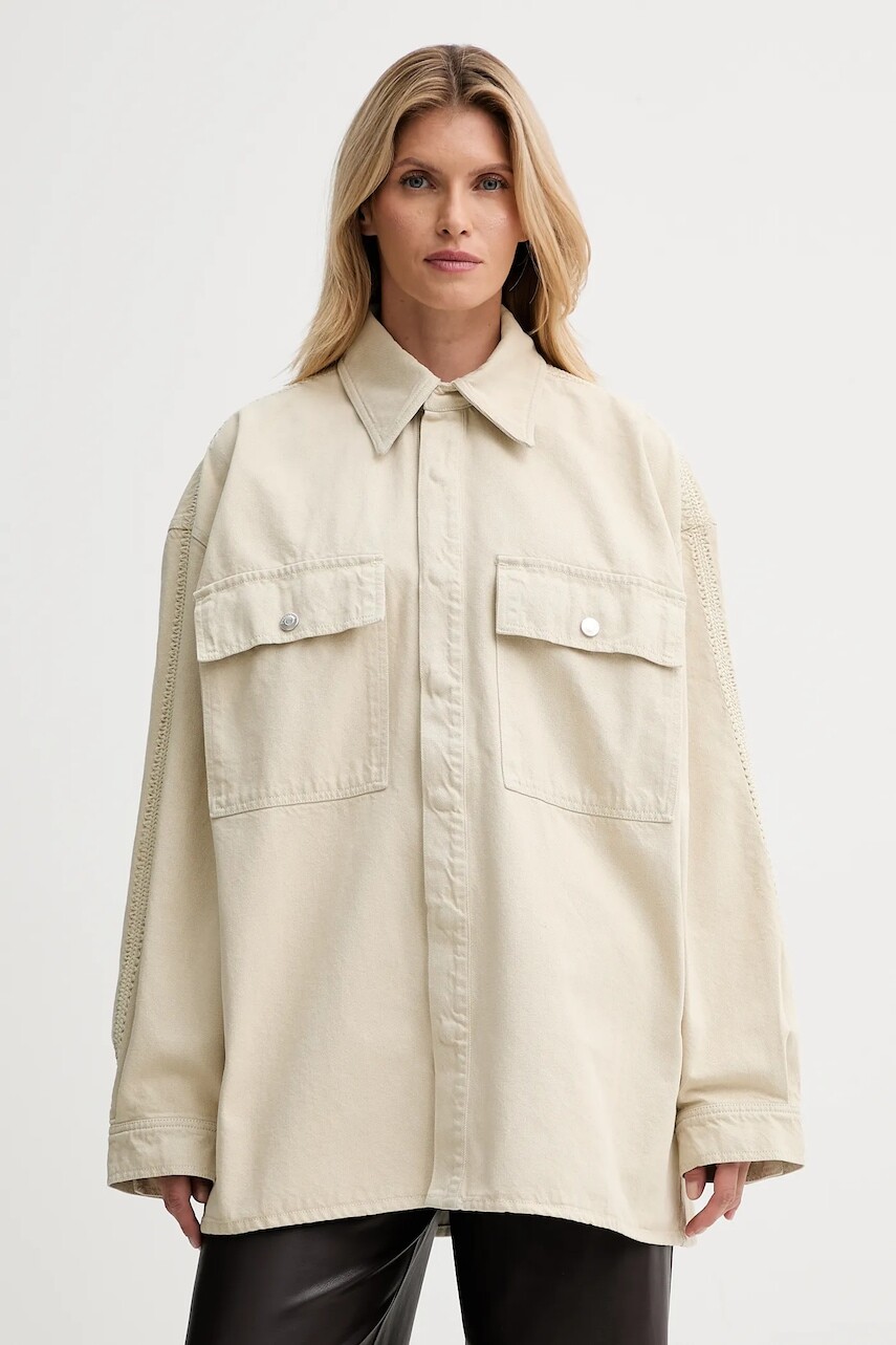 Rifľová košeľa Nanushka béžová farba, voľný strih, s klasickým golierom, NW25PFJK13873