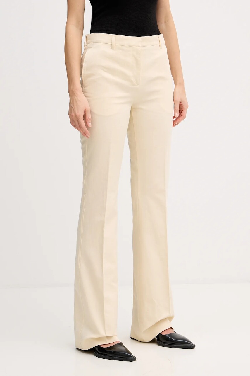 Nohavice s prímesou ľanu Kenzo dámske, béžová farba, zvony, vysoký pás, FF52PA1019GA.04