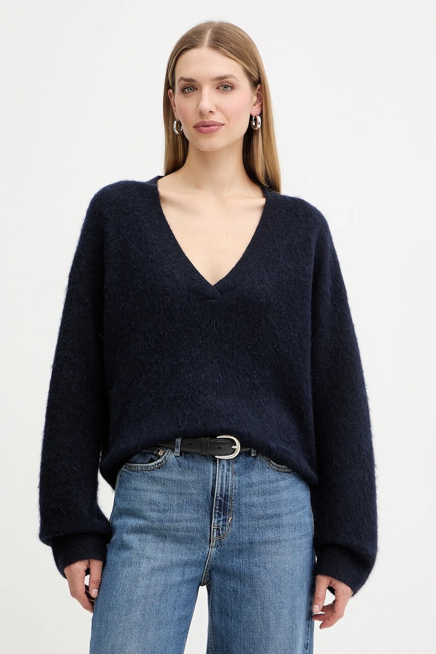 Sveter s prímesou vlny BOSS Orange tmavomodrá farba, 50549185