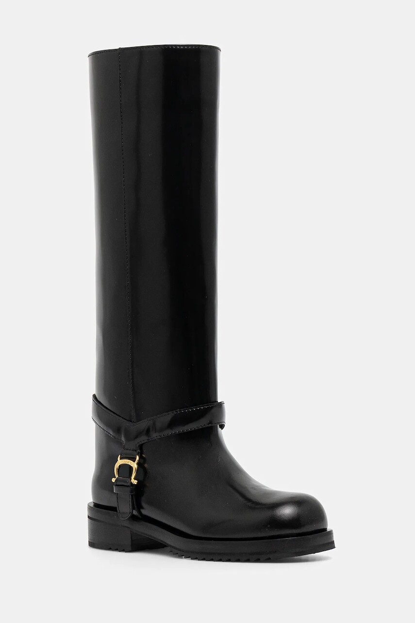 Kožené čižmy Pollini čierna farba, na plochom podpätku, PA26154G0NPC0000