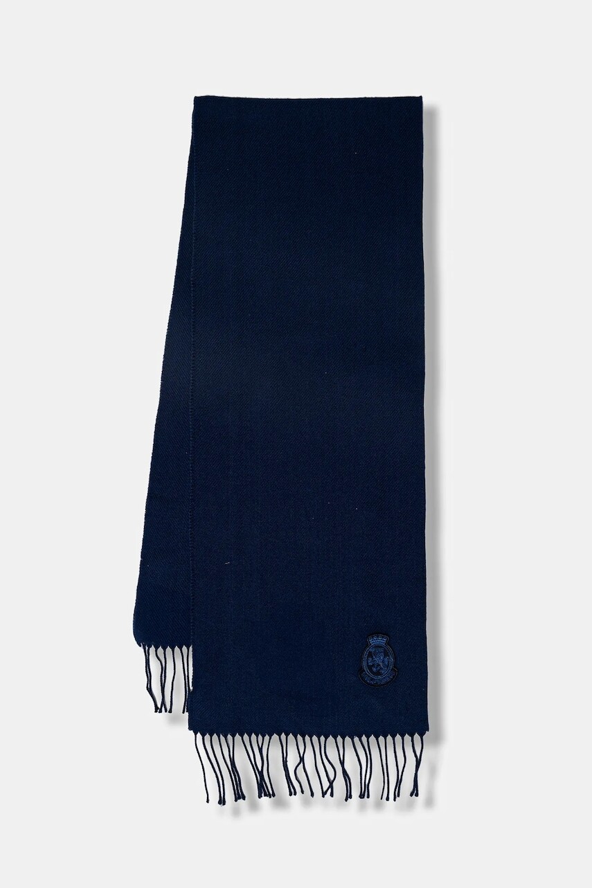 Vlnený šál Tommy Hilfiger tmavomodrá farba, s nášivkou, AM0AM13789