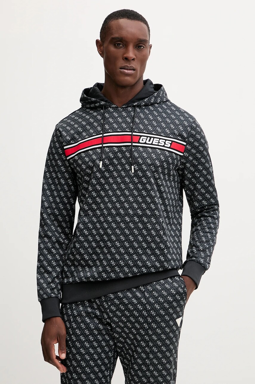 Mikina Guess KORBIN čierna farba, s kapucňou, vzorovaná, Z4BQ30 K7122