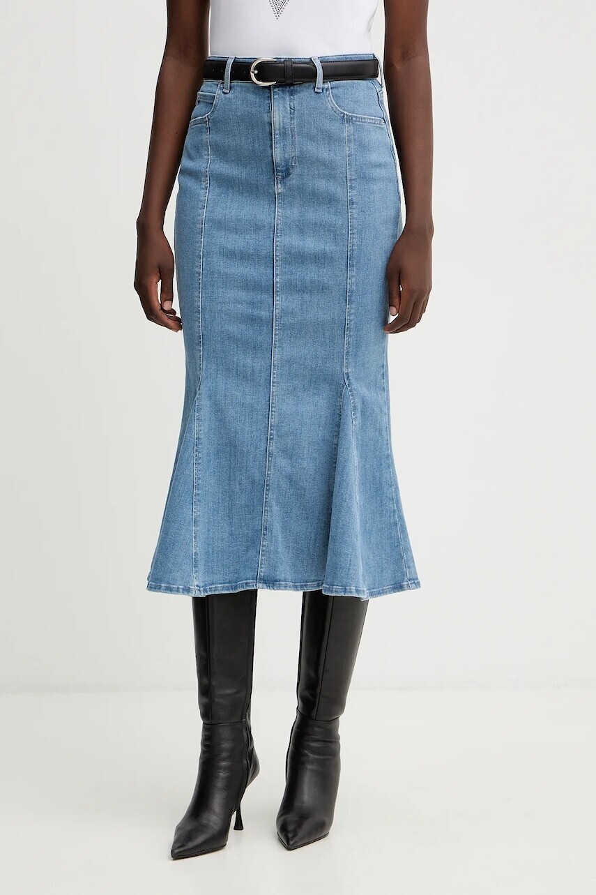 Rifľová sukňa Guess LIA tmavomodrá farba, midi, áčkový strih, W5YD0E D4LU0