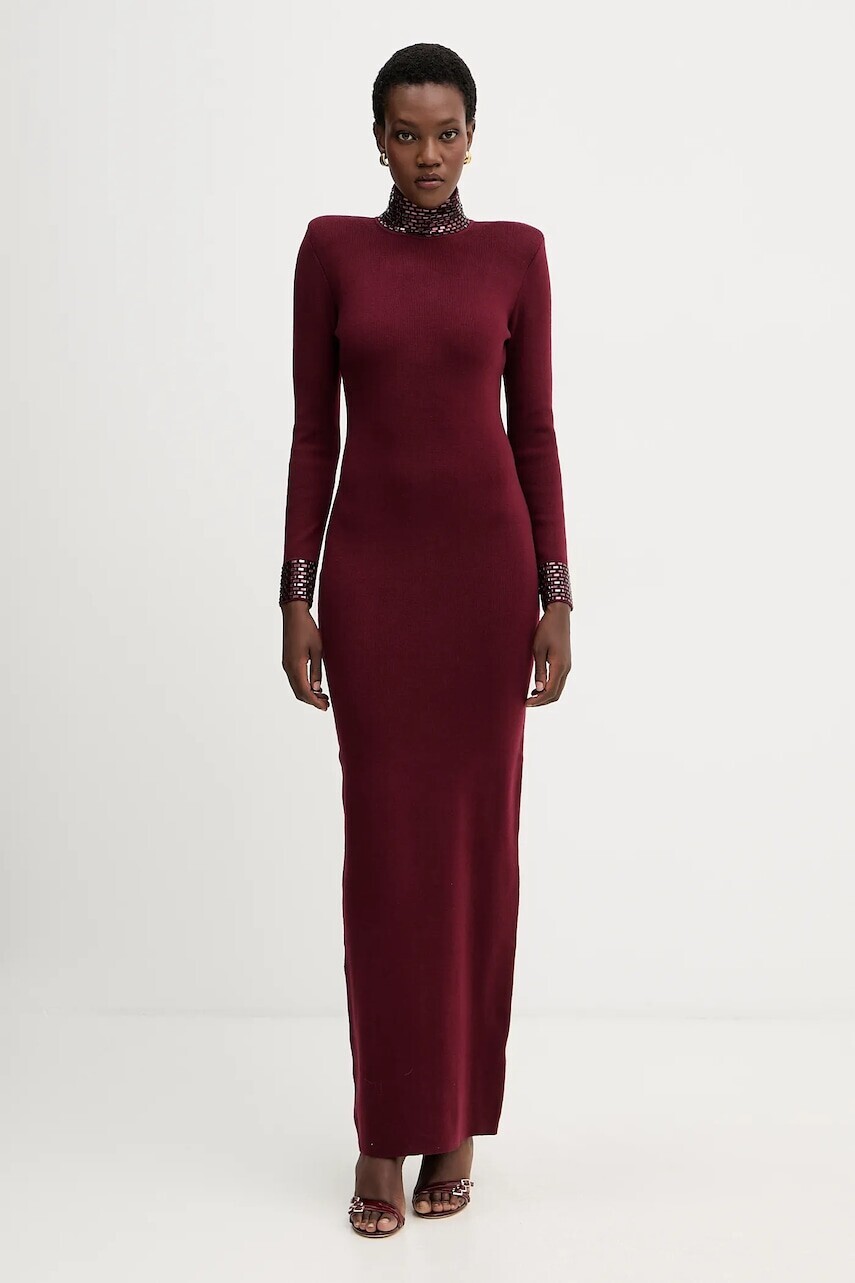 Šaty s prímesou vlny Retrofete Monroe bordová farba, maxi, priliehavé, HL24-8110