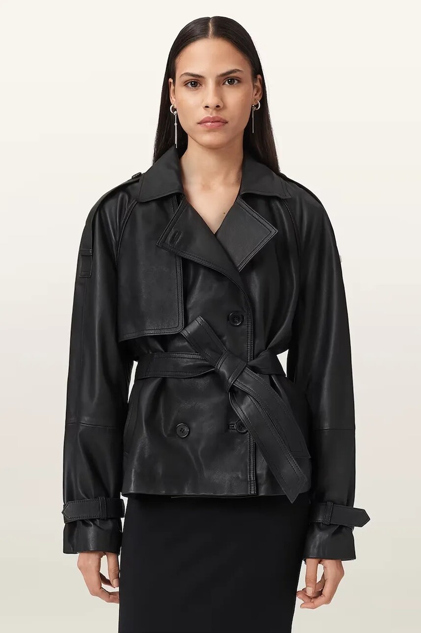 Kožený trenčkot AllSaints REED čierna farba, W035LD