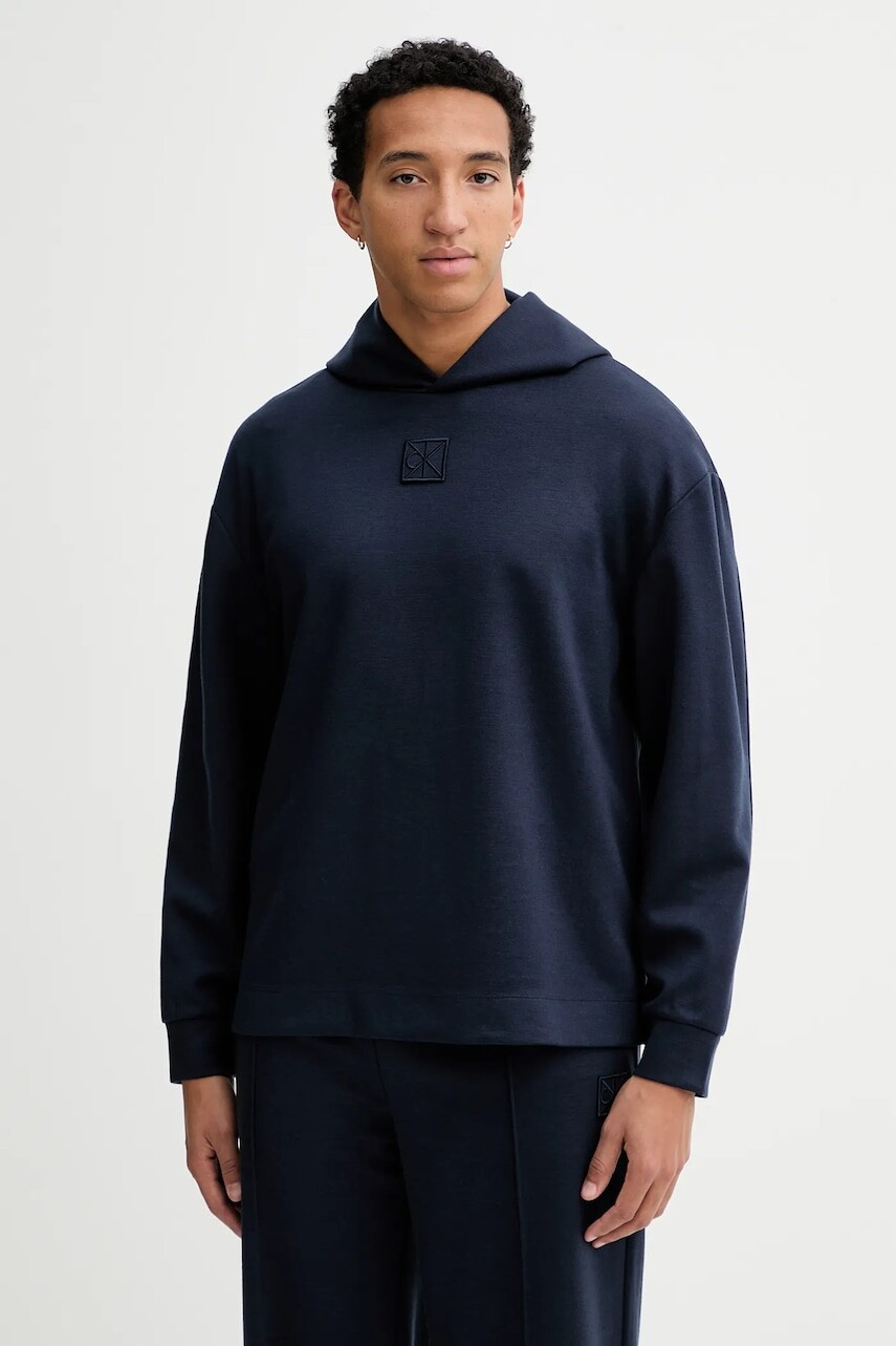 Mikina s prímesou vlny Calvin Klein tmavomodrá farba, s kapucňou, LV04LD211G
