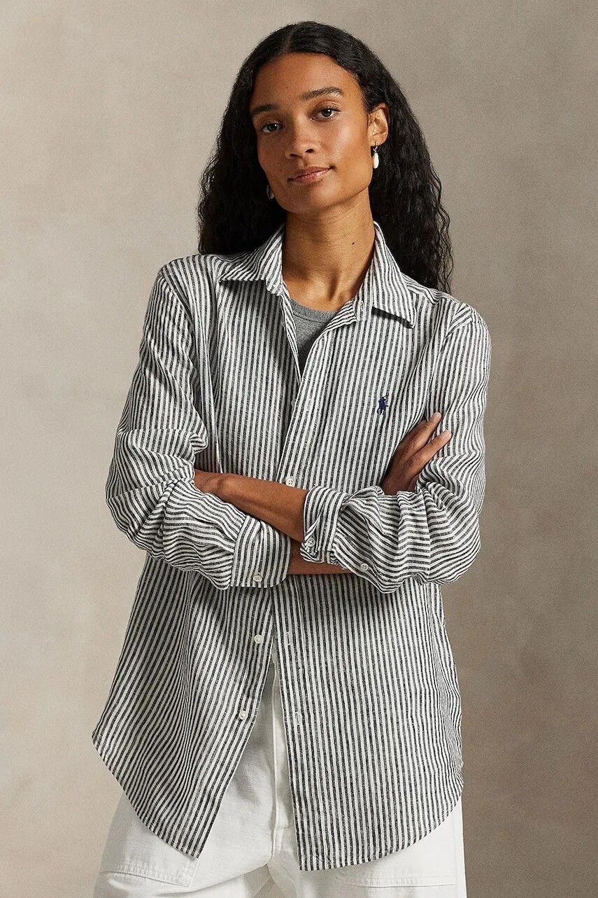 Ľanová košeľa Polo Ralph Lauren šedá farba, regular, s klasickým golierom, 211A96158