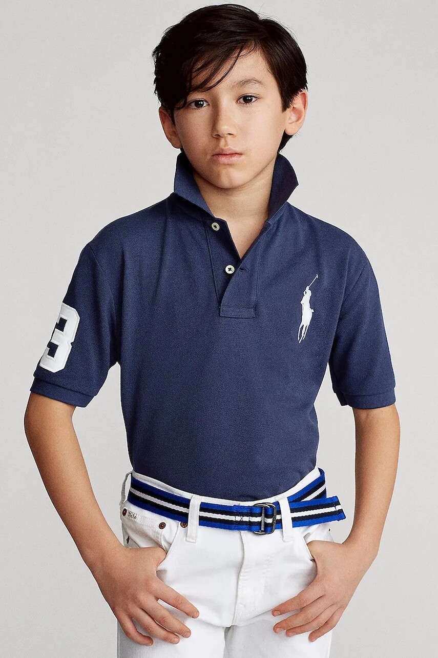 Detská bavlnená polokošeľa Polo Ralph Lauren tmavomodrá farba, s nášivkou, 323670257014
