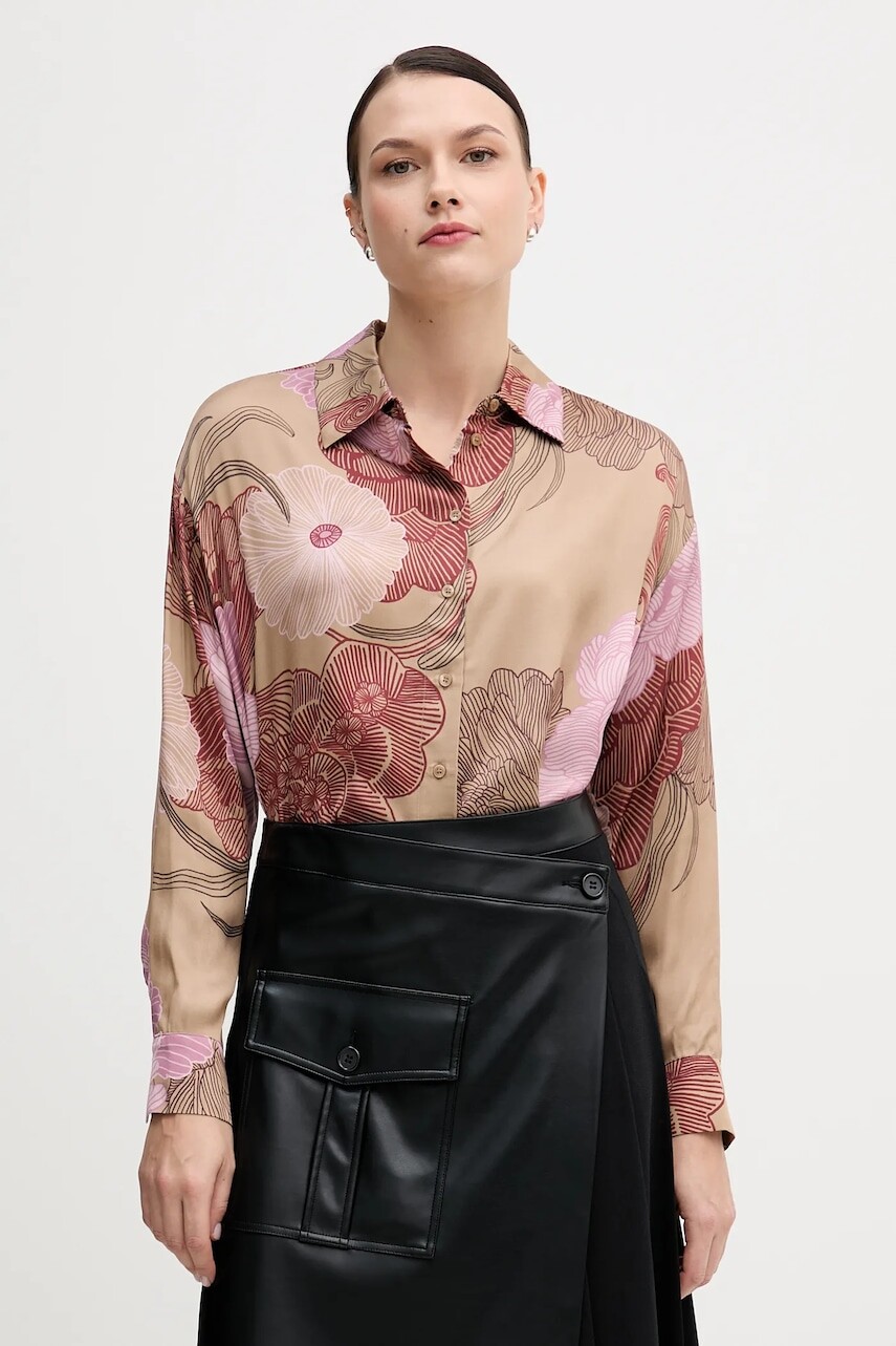 Košeľa Sisley béžová farba, voľný strih, s klasickým golierom, 5IBNLQ07F