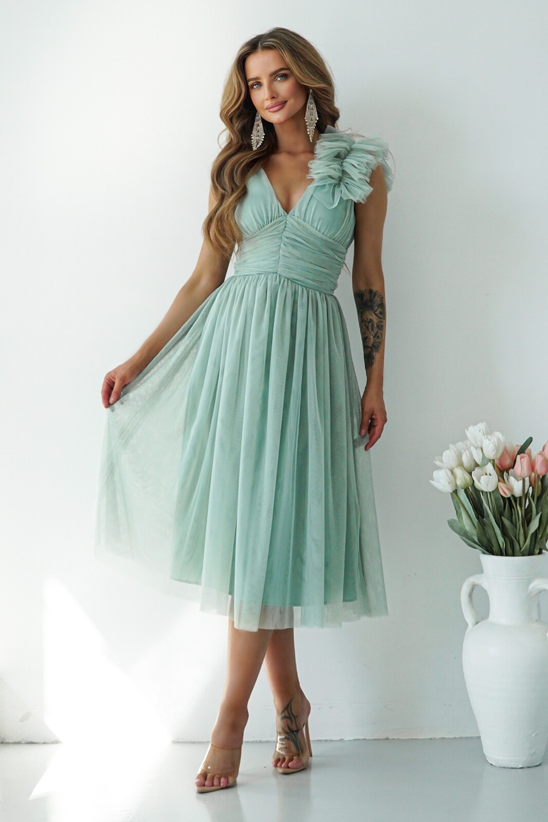 Warsaw Dress Zelené tylové midi šaty Veľkosť: XS