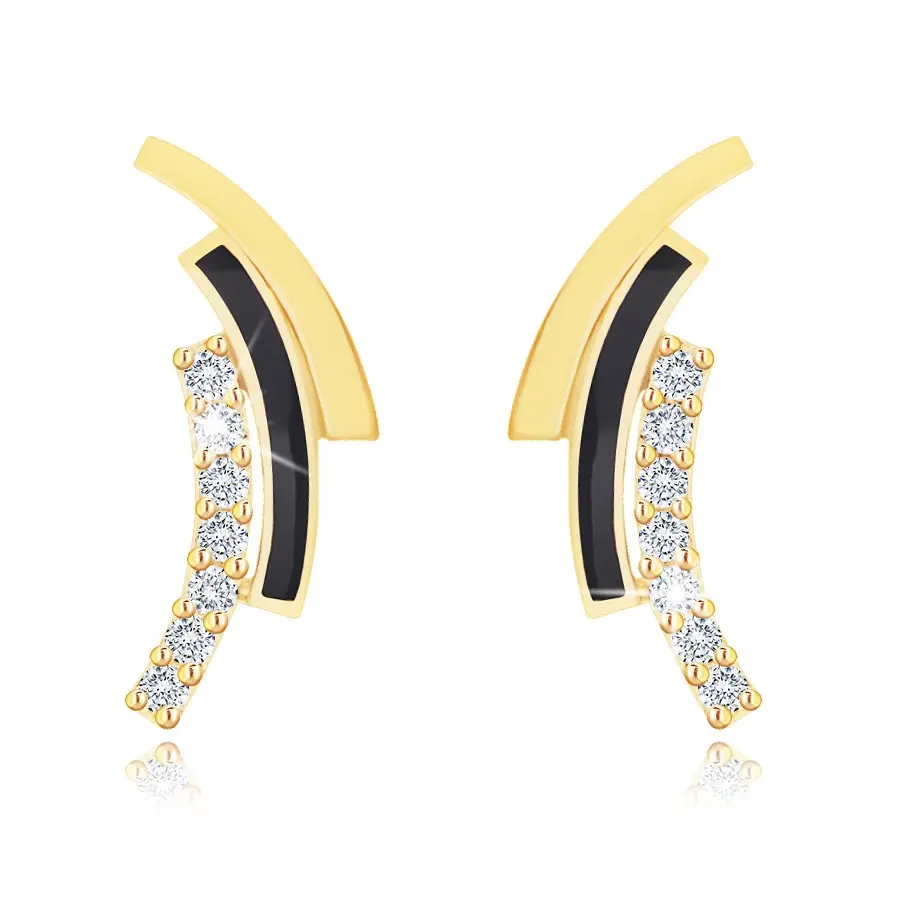 Zlaté náušnice 9K oblúky s čiernou glazúrou a zirkónmi