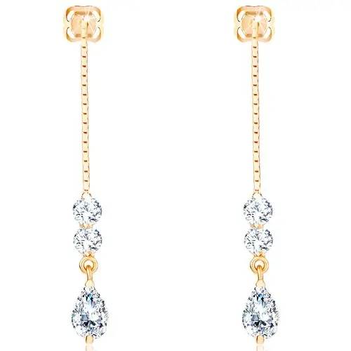 Zlaté náušnice 14K s retiazkou a okrúhlymi i slzičkovým zirkónom