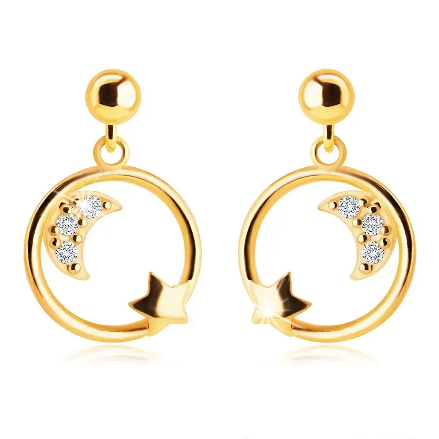 Náušnice v 9K žltom zlate - mesiačik so zirkónmi a hviezdička v kruhu