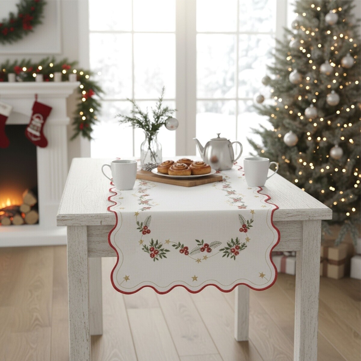 Obrus Vianočný, Vianočné bobule červenozlaté, biely