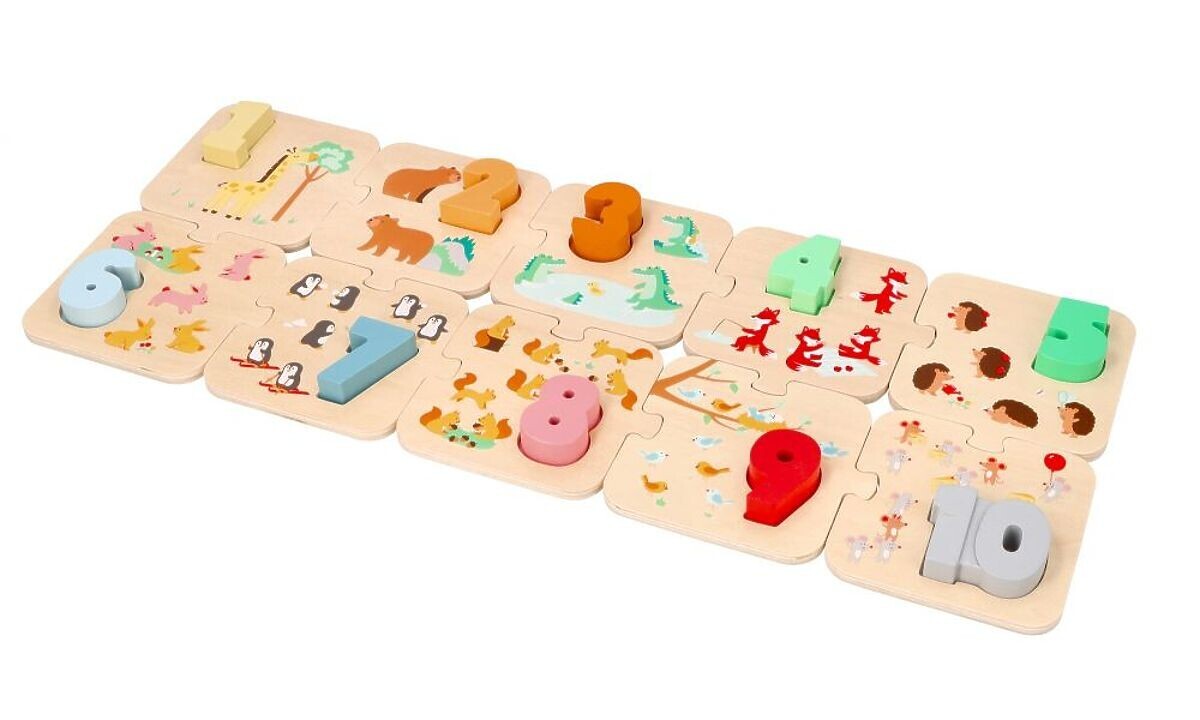 Drevené puzzle so zvieratkami - učenie čísel Montessori
