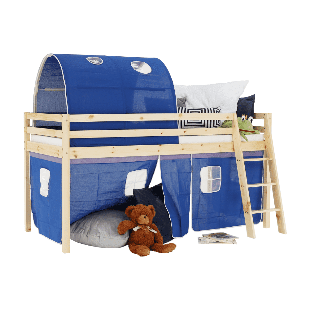 Posteľ so zvýšeným lôžkom, prírodná/modrá, 90x200, INDIGO