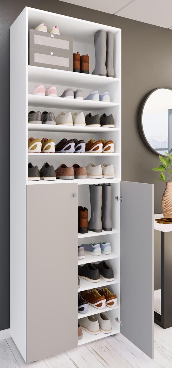 Skriňa na topánky Lona 2XL s 10 priehradkami, otočné dvere + polica, biela