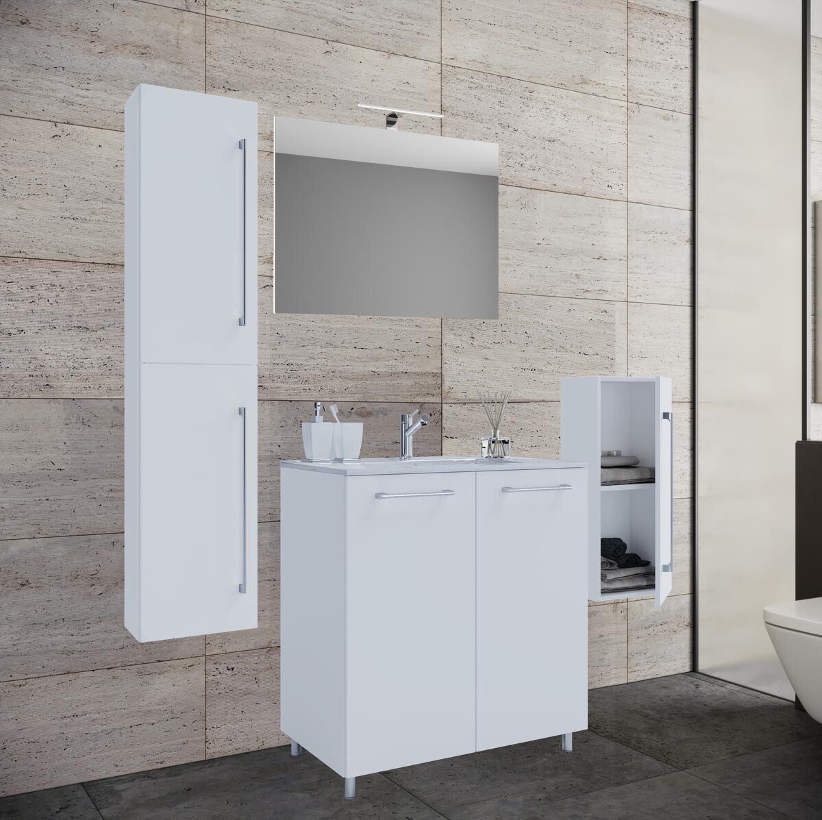 5-dielna umývadlová skrinka Badinos 2 dvierka 60 cm so zrkadlom, stredná a vysoká skrinka, biela
