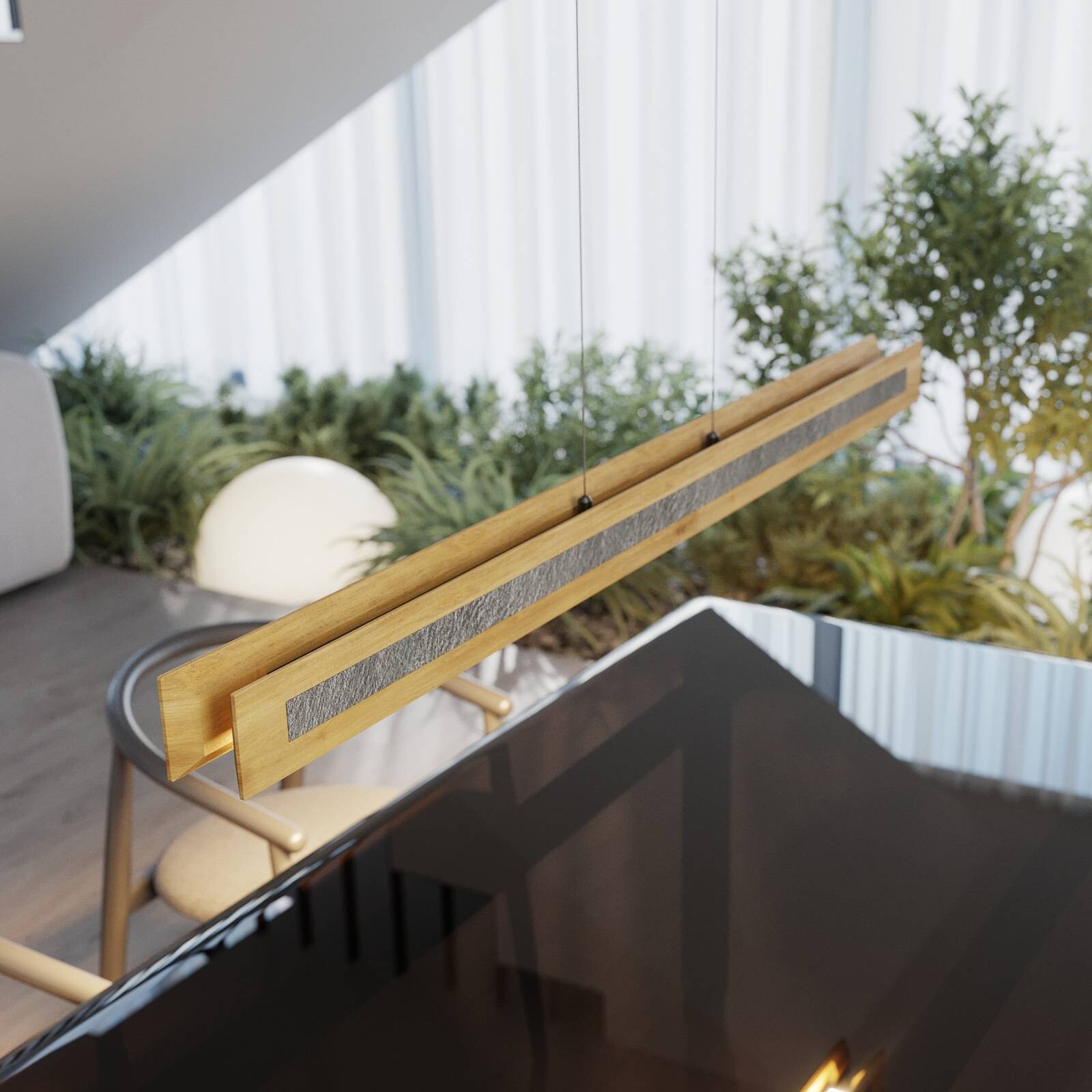 LED závesné svietidlo Chile S, dub/granit, dĺžka 116 cm