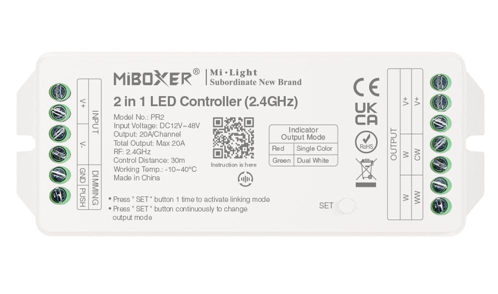 LED Solution Mi-Light MiBoxer RF Prijímač 20A 2v1 pre jednofarebné a CCT LED pásiky PR2