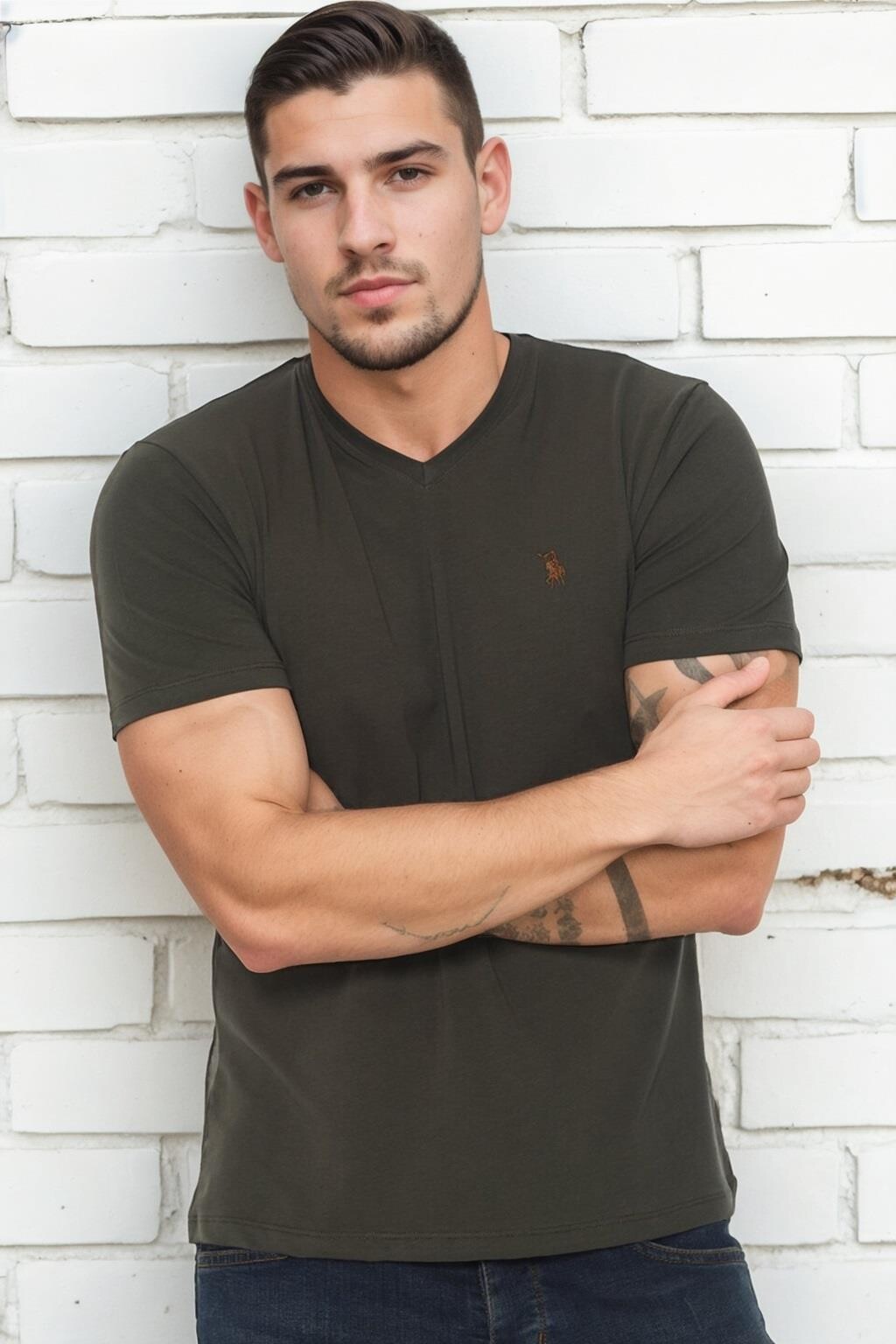 T9568 DEWBERRY V-NECK MEN'S T-SHIRT-KHAKI