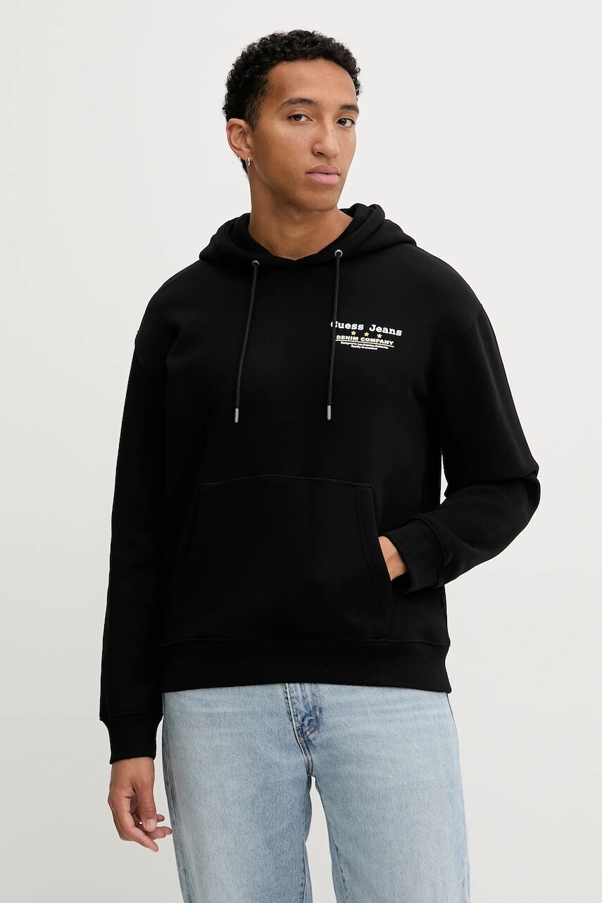 Mikina Guess Jeans čierna farba, s kapucňou, vzorovaná, M5BQ27 K9V31