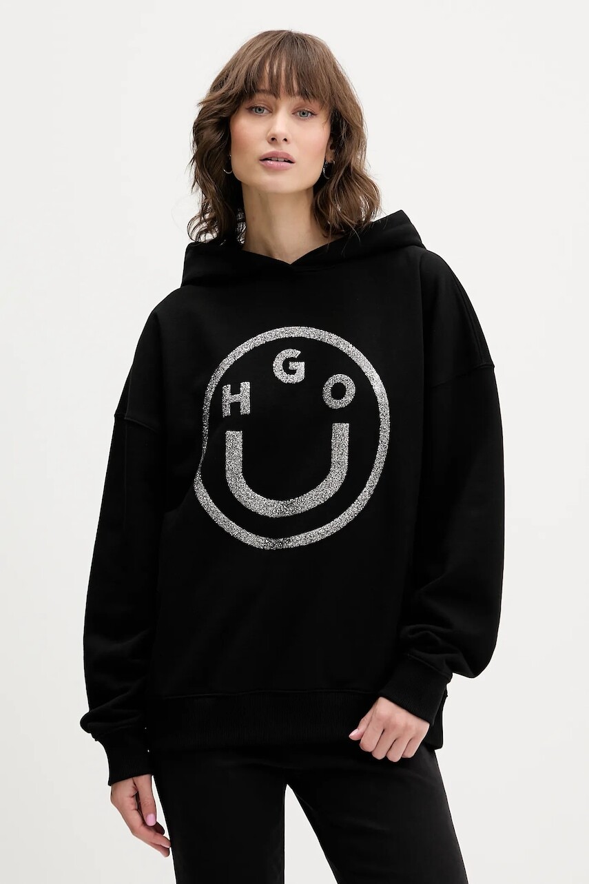 Bavlnená mikina Hugo Blue čierna farba, s kapucňou, s potlačou, 50550709