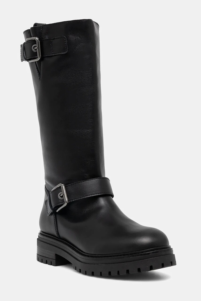 Vysoké čižmy Pollini čierna farba, na plochom podpätku, SA24174G0NTC0000