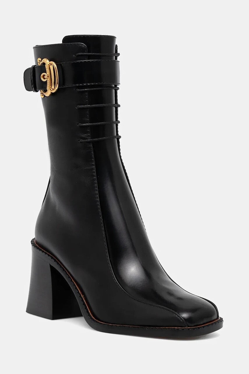 Kožené členkové topánky Pollini čierna farba, na podpätku, PA24058M0NPC100A