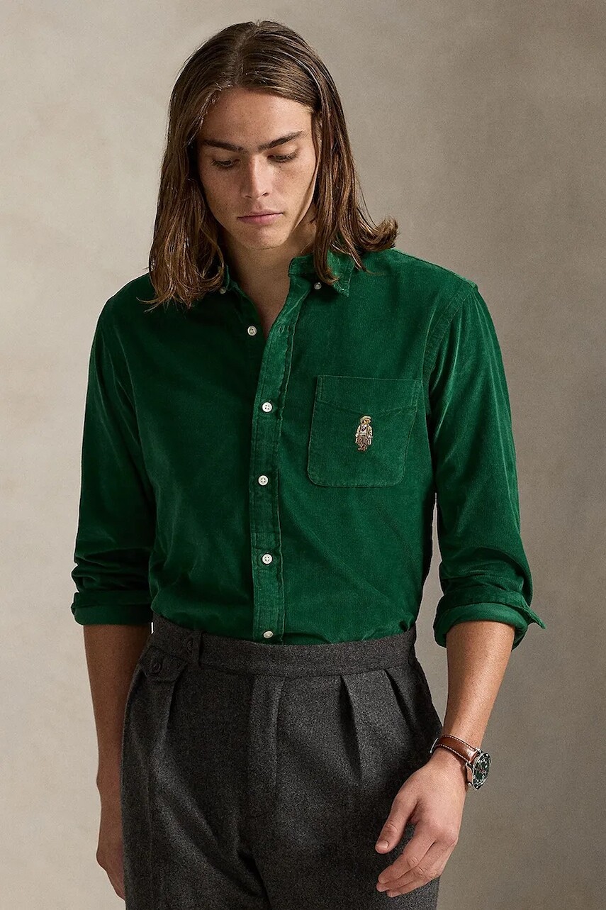 Menčestrová košeľa Polo Ralph Lauren zelená farba, slim, s golierom button-down, 710P00519