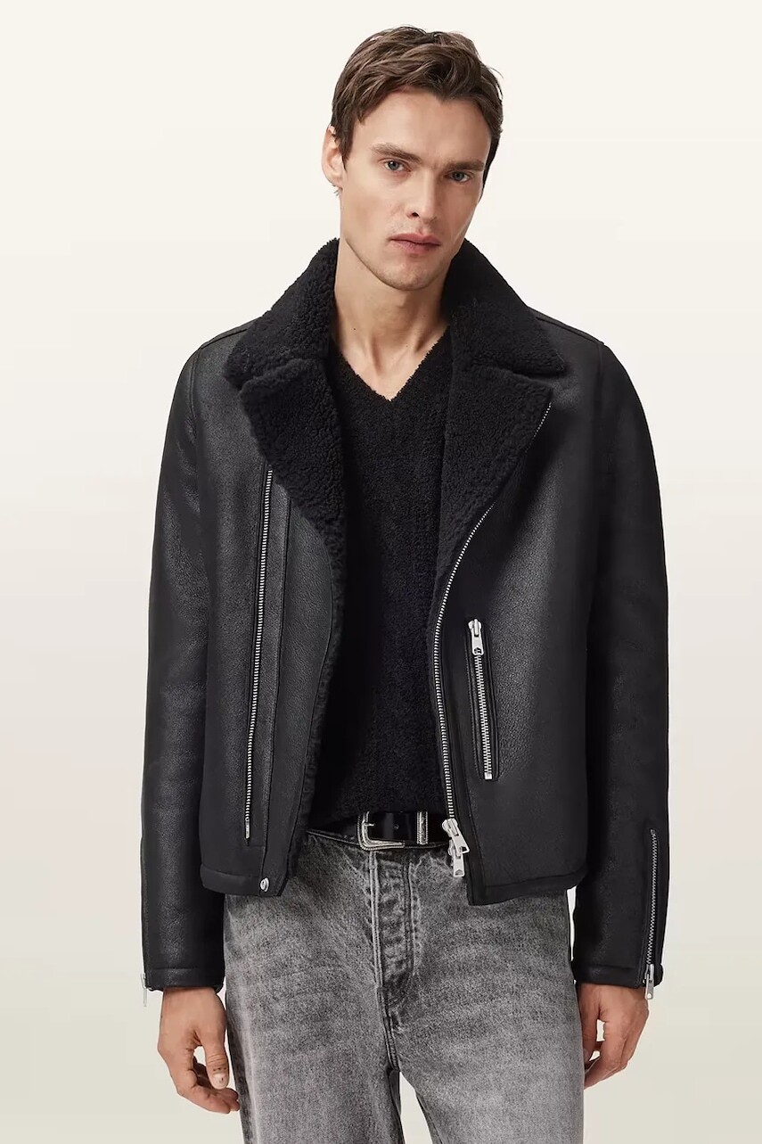 Kožená motorkárska bunda AllSaints CORREZ čierna farba, prechodná, M022LD