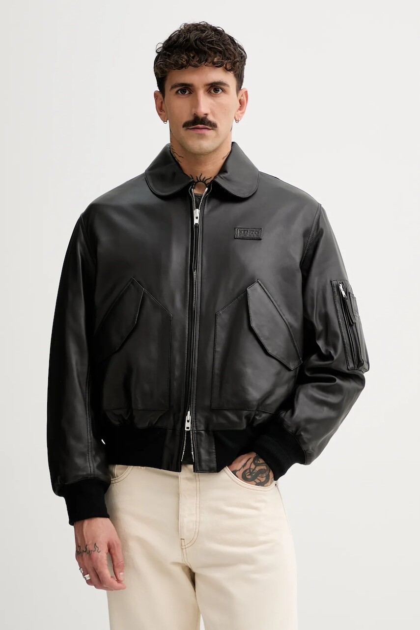 Kožená bunda Kenzo čierna farba, prechodná, FF55LB1430AD.99