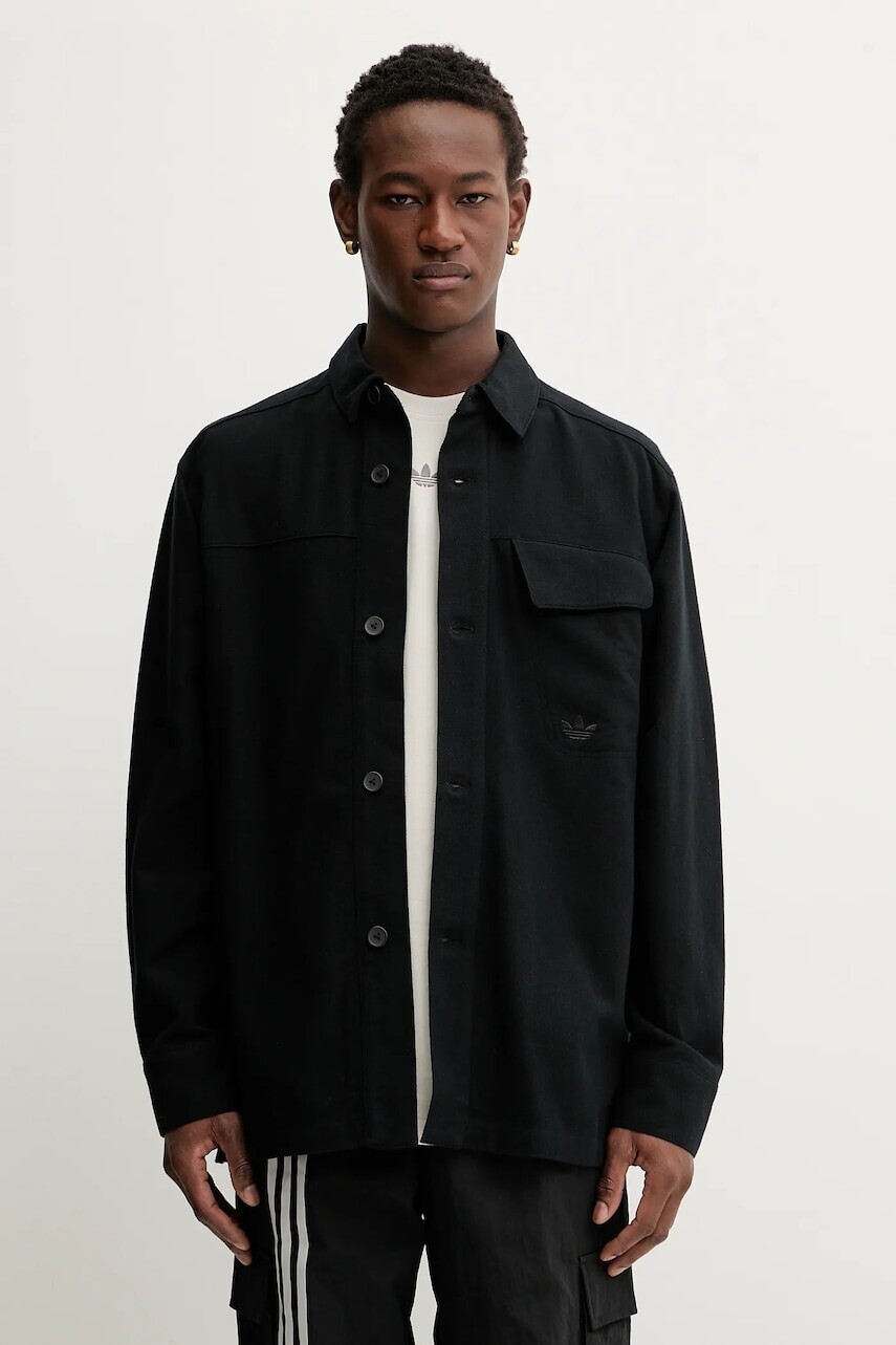 Bavlnená košeľa adidas Originals P Ess Shi čierna farba, voľný strih, s klasickým golierom, JW0118