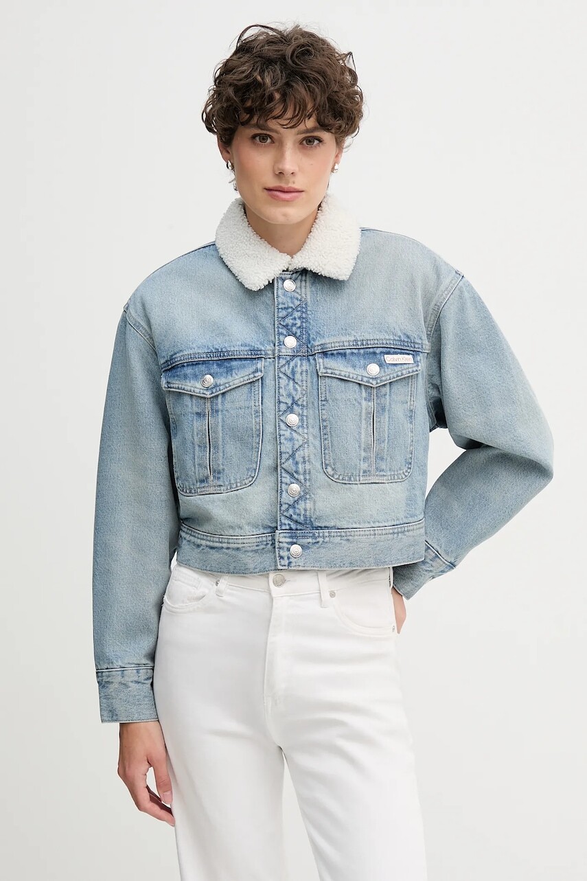 Rifľová bunda Calvin Klein Jeans modrá farba, prechodná, oversize, LV047D736G