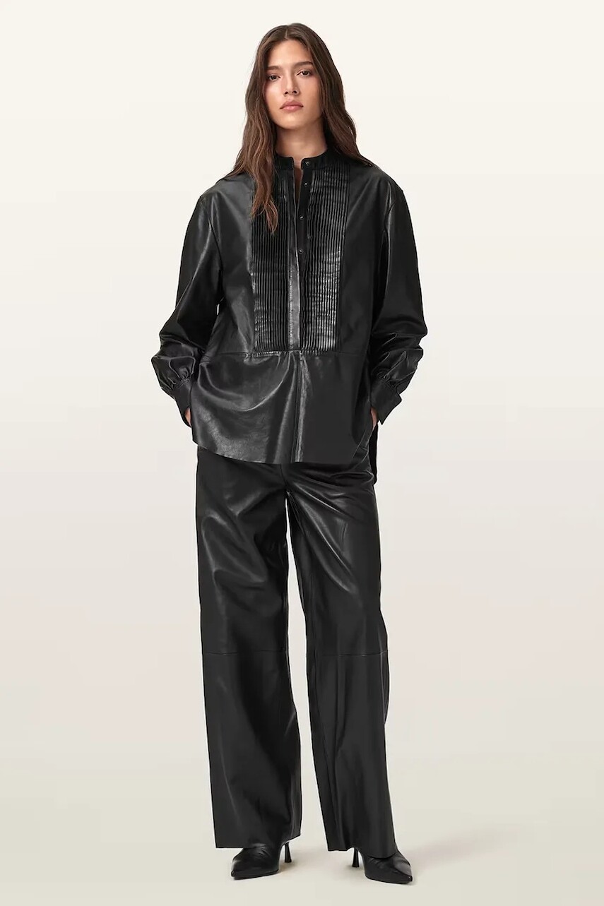 Kožené nohavice AllSaints ASH čierna farba, široké, vysoký pás, W028TD