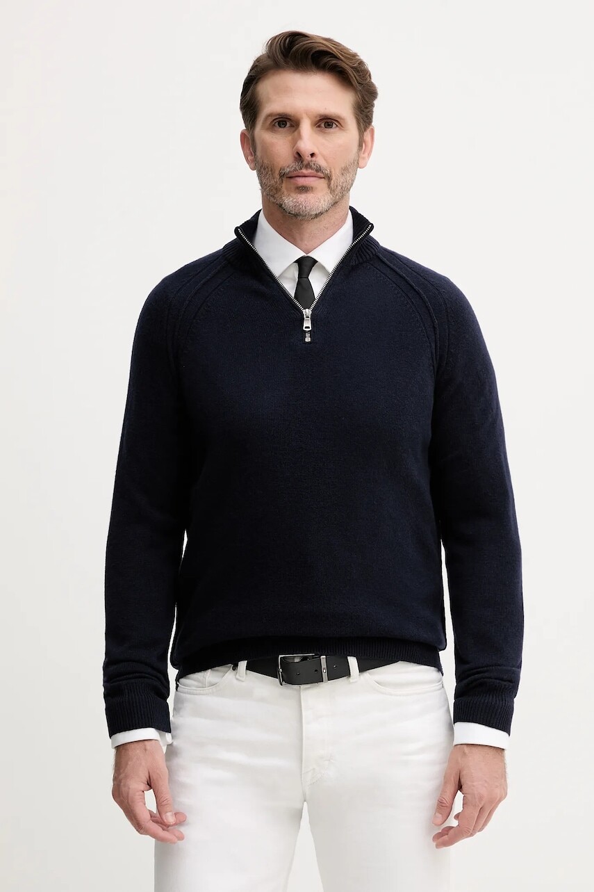 Vlnený sveter United Colors of Benetton tmavomodrá farba, s polorolákom, 1006U202B