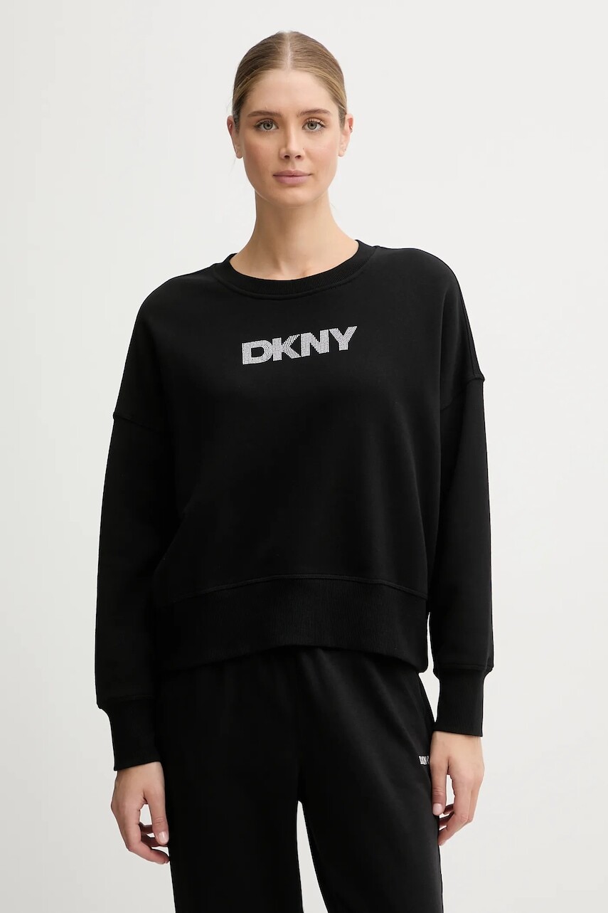 Bavlnená mikina Dkny LOGO TERRY čierna farba, s nášivkou, DP5T1370