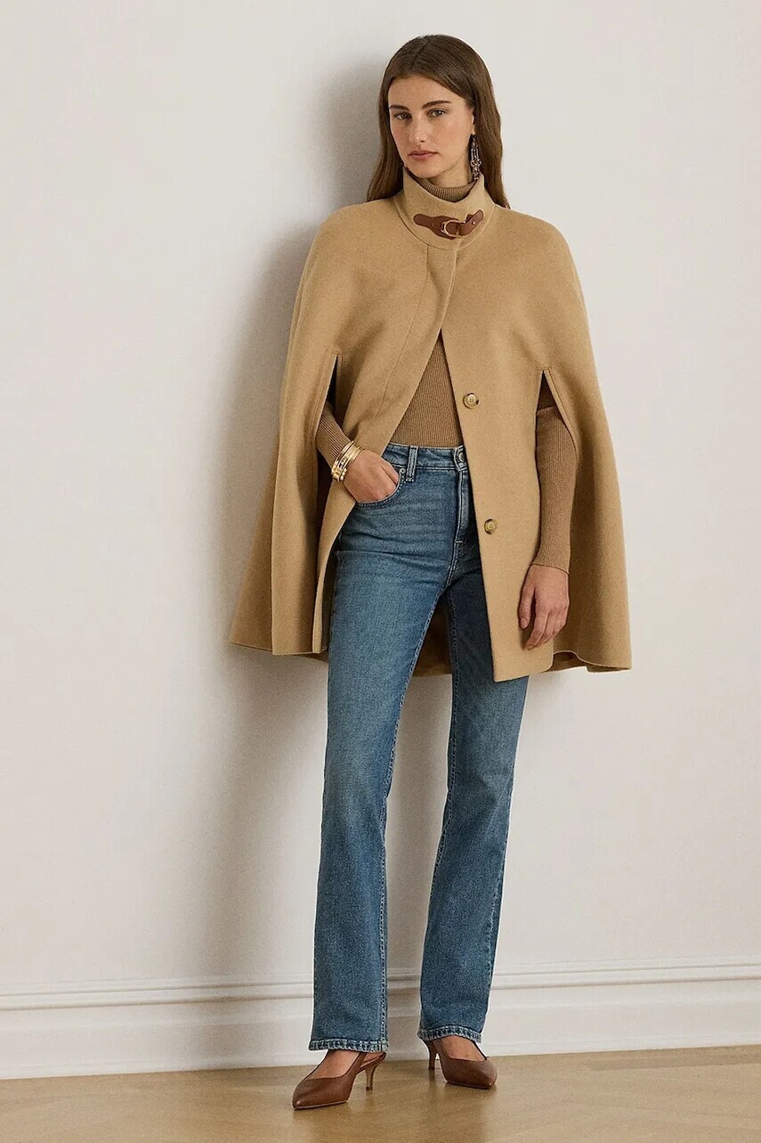 Kabát s prímesou vlny Lauren Ralph Lauren béžová farba, 297P04145