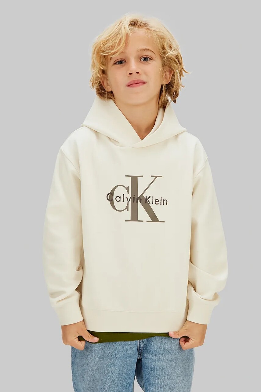 Detská mikina Calvin Klein Jeans béžová farba, s kapucňou, s potlačou, IB0IB02615