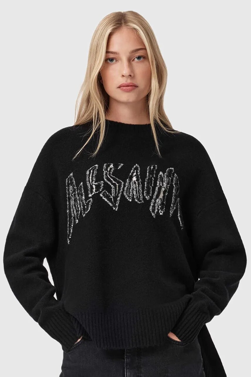 Sveter s prímesou vlny AllSaints čierna farba, W071KD